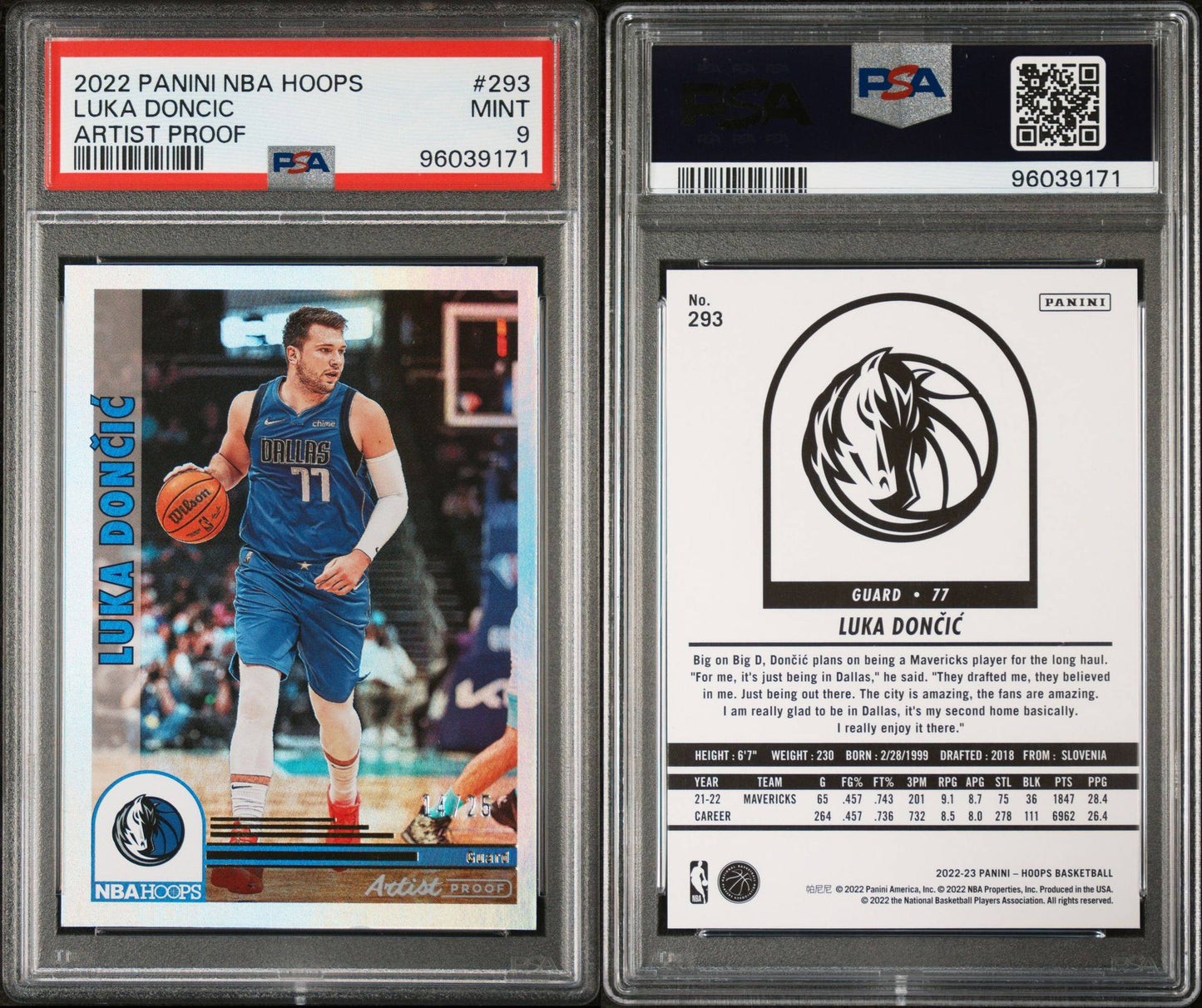2022/23 NBA Hoops Luka Doncic Artist Proof 14/25 PSA 9